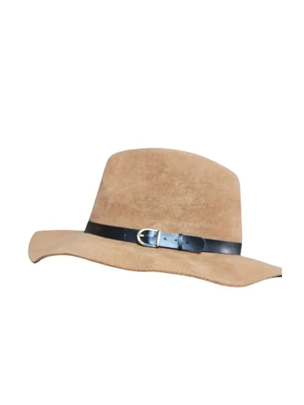 STEVE MADDEN Camel Faux Suede Wide Brim Fedora Western Belt Detail Chic Hat NEW